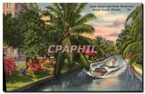 Postcard Old Canal And Dade Dade Boulevard Miami Beach Florida Water Skiing W...
