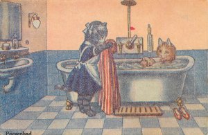 Humanized dressed animals kitty cat bathing time comic postcard Netherlands 1943