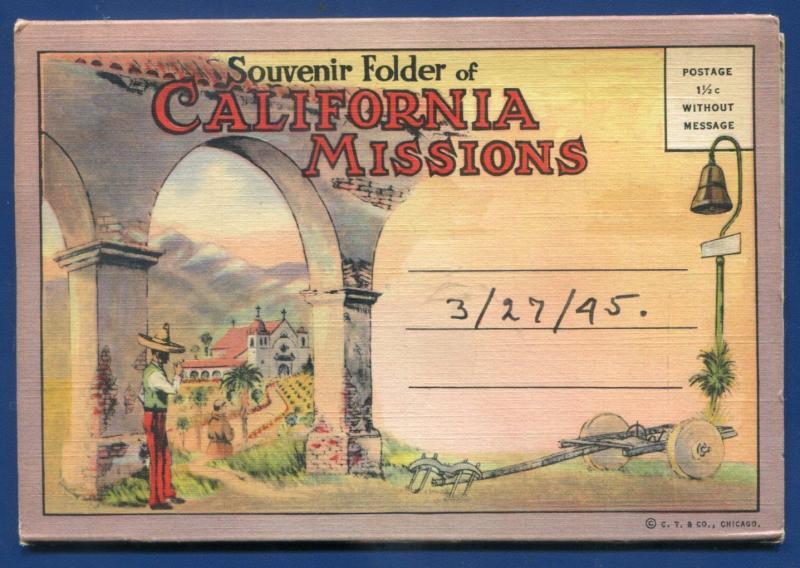 California Missions ca EL Carmel San Gabriel Dolores postcard folder 1920s