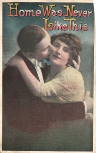 Vintage Postcard 1920's Lovers Couple Kissing On Cheek Sweet Embrace Romance
