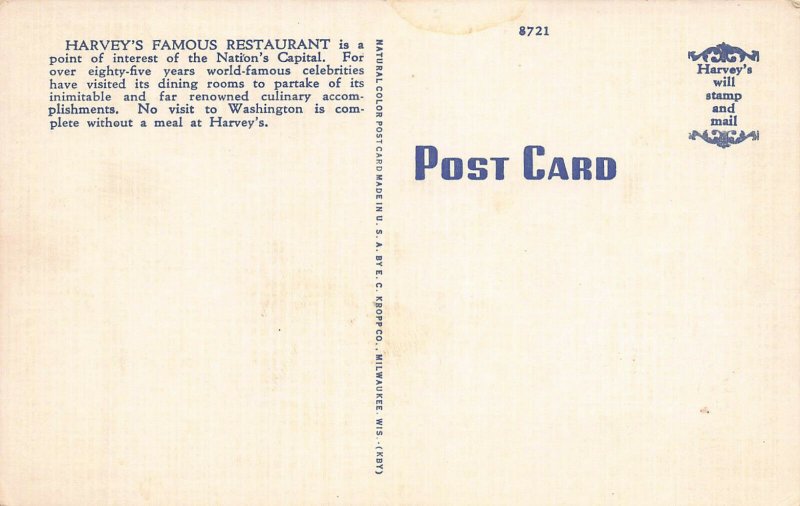 Harvey's Famous Restaurant, Washington, D.C., early linen postcard, unused