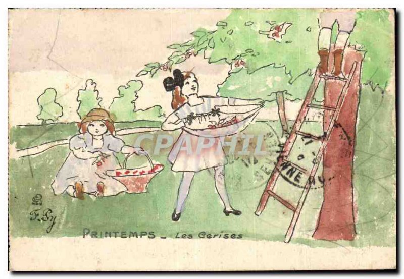Humor - Illustrarion - Spring - Cherries - chreey picking - Old Postcard
