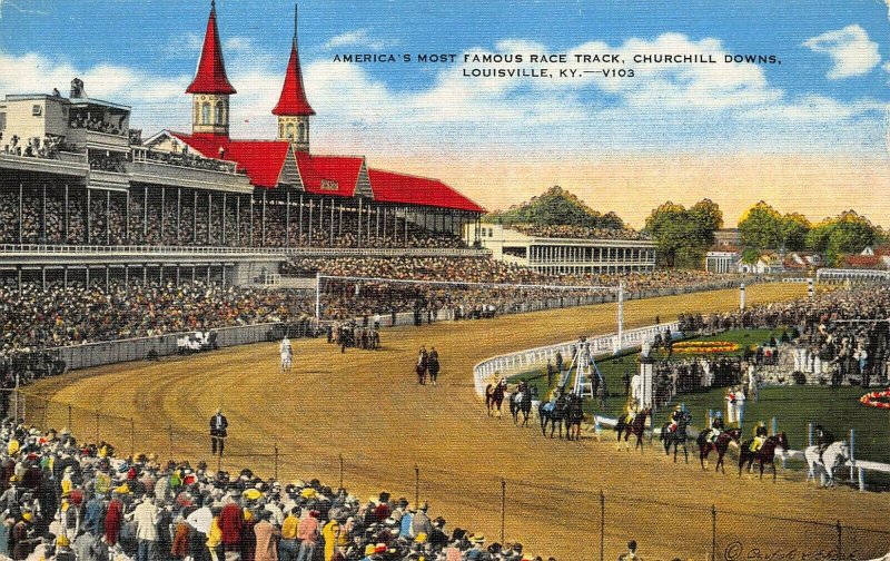 LOUISVILLE KY~CHURCHILL DOWNS-AMERICA'S MOST FAMOUS HORSE RACE TRACK POSTCARD 