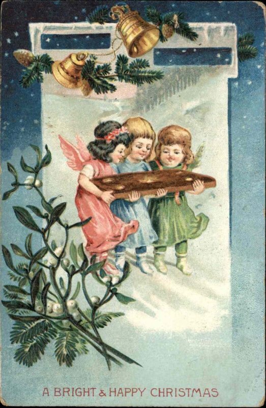 Christmas Little Girl Angels Carry Block of Wood or Stone c1910 Postcard