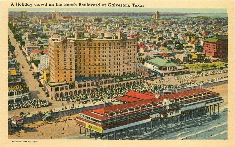 Beach Crowd Holiday Galveston Texas birdseye Galveston Texas Postcard 20-1001