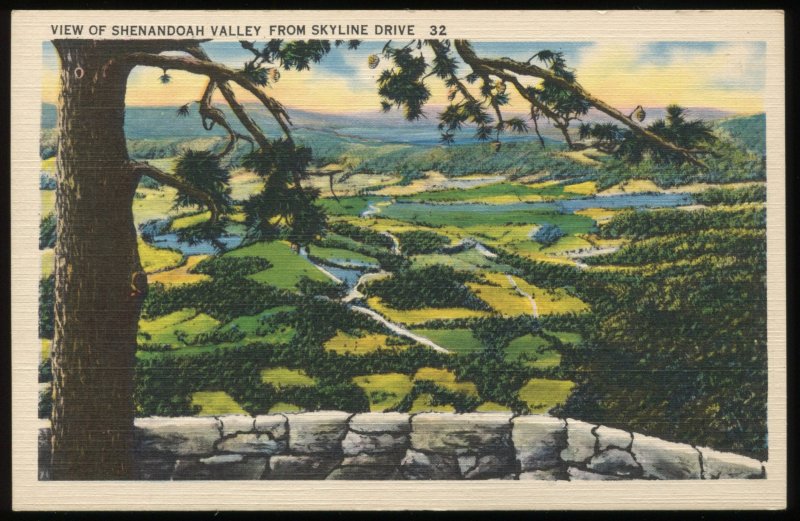 View of Shenandoah Valley from Skyline Drive, Virginia. Vintage linen postcard