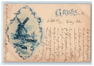 1899 Gruss Aus Bielefeld Windmill Sailboat Germany Posted Antique Postcard