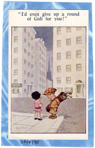 Boy & Girl Cartoon Postcard, Golf Clubs, Caddy, Comic