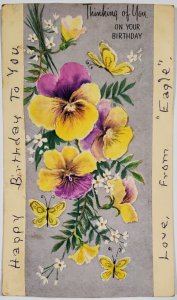 Handmade Hand Cut Applique Yellow Purple Pansies Abington MA Postcard C24