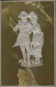 Art Nouveau Victorian Couple Embossed Silver on Marble Christmas New Year