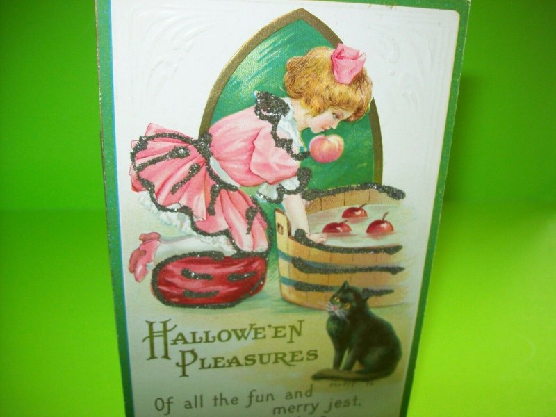 Vintage Halloween Postcard Original Stecher Antique Series 226 B Glitter Cat Art