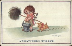 Little Girl Mopping Floors WOMAN'S WORK NEVER DONE! Donald McGill Postcard