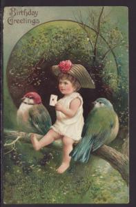 Birthday Greetings,Child,Birds Postcard BIN