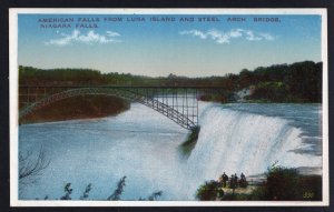 NY NIAGARA FALLS American Falls from Luna Island Steel Arch Bridge White Border