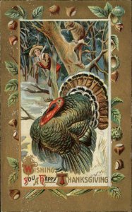 THANKSGIVING Man w Club Spies Turkey in Woods c1910 Postcard