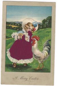 Vintage Easter Postcard Girl Silk Dress Rooster Embossed