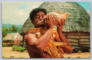 Postcard Young Samoan Summons Villagers Conch Shell Polynesian Center Hawaii