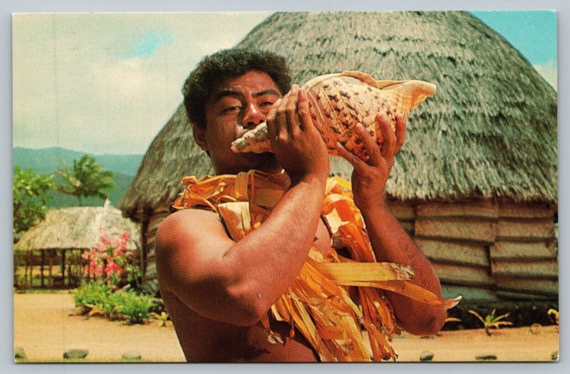 Postcard Young Samoan Summons Villagers Conch Shell Polynesian Center Hawaii