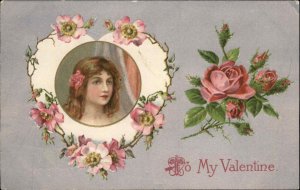 Winsch Valentine Beautiful Young Woman Flower Heart Border c1910 Postcard