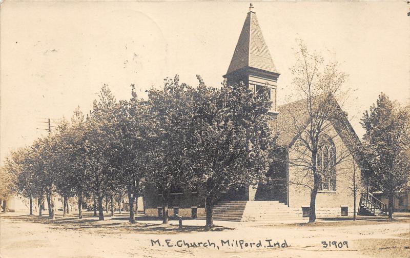 Milford Indiana~ME Church~Row of Trees Along Sidewalk~1934 RPPC