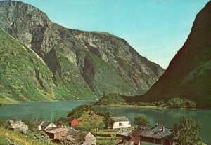 Vintage Postcard Bakka Naeroyfjord Sign Mountain Houses Vestland County Norway