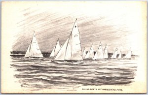 VINTAGE POSTCARD RACING SAIL BOATS OFF THE COAST OF MARBLEHEAD MASS FROM SKETCH