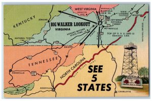 c1950's Map of Big Walker Lookout Historic Mountain Pass Whyteville VA Postcard