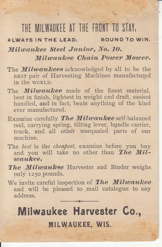 MILWAUKEE  HARVESTER CO. TRADE CARD