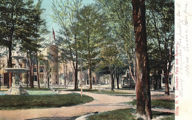 Vintage Postcard 1907 Steuben Park & Armory Building Landmark Utica New York NY