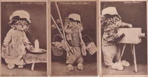 Goodnight Everyone Fishing 3x Anthropomorphic Cat Postcard s