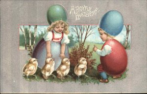 Easter Fantasy Children in Eggshell Clothes with Chicks c1910 Vintage Postcard