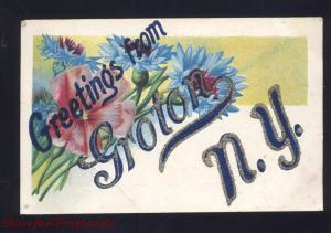 GREETINGS FROM GROTON NEW YORK CORTLAND NY GLITTER VINTAGE 