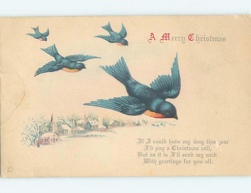 Pre-Linen christmas GROUP OF BLUEBIRD BIRDS FLIES OVER WINTER SCENE hr2763