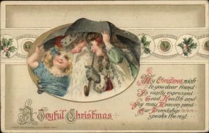 Christmas - Santa Claus & Girls Under Umbrella John Winsch c1910 Postcard