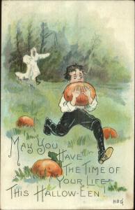 Halloween Boy Grabs Pumpkin Runs From Ghost HBG Griggs c1910 Postcard