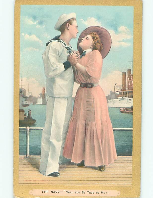 Pre-Linen PRETTY GIRL EMBRACING WWI ERA NAVY SAILOR AC5147