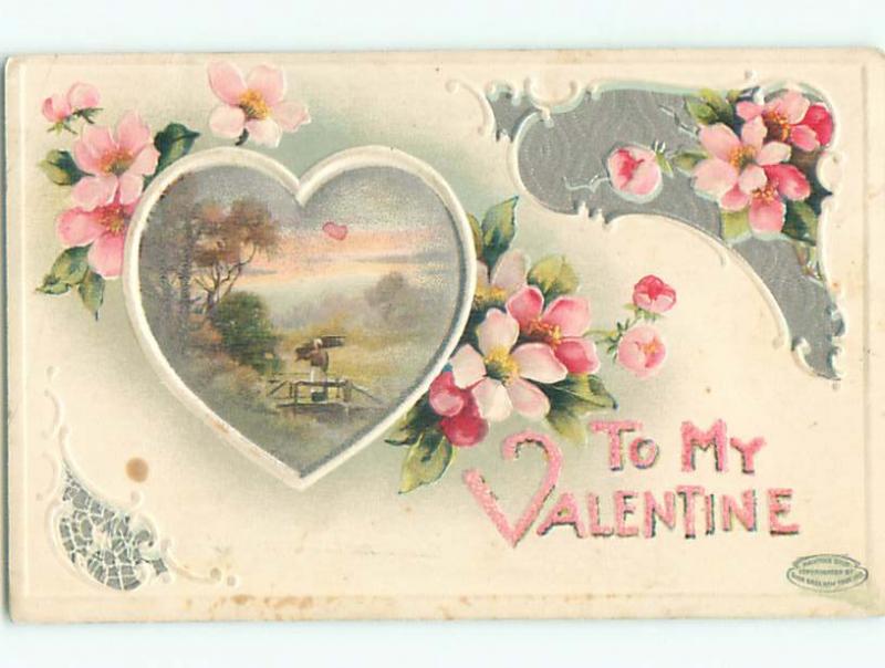 Unused Pre-Linen valentine COUNTRY BRIDGE SCENE INSIDE HEART k9296