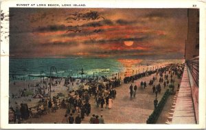 Postcard New York Long Island Sunset at Long Beach Crowd on Boardwalk 1929 V203
