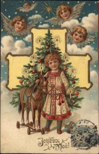 Christmas Joyeux Noel Stamp on Front Riding Toy Horse Angel c1910 Postcard