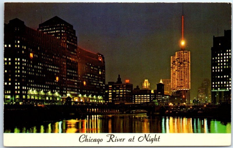 Postcard - Chicago River At Night - Chicago, Illinois