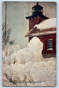 Traverse Bay Michigan Postcard Ice Formation Lighthouse Harbor Point Little 1909