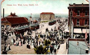 Long Beach, California - People and Trolleys at Ocean Ave West - c1908