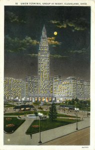 1920s Postcard; Cleveland OH Union Terminal Group at Night, Full Moon, Posted