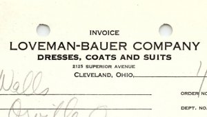 1938 LOVEMAN-BAUER CO. CLEVELAND OH DRESSES COATS SUITS BILLHEAD INVOICE Z1069