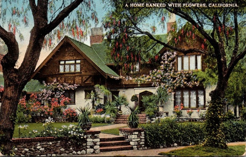 California Beautiful Home Banked With Flowers 1920