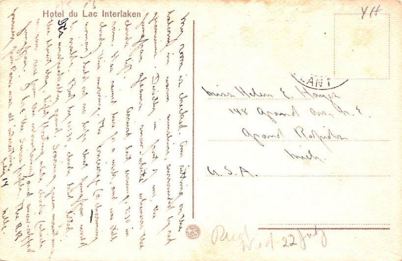 Hotel du Lac Interlaken Switzerland Postal Used Unknown, Missing Stamp 