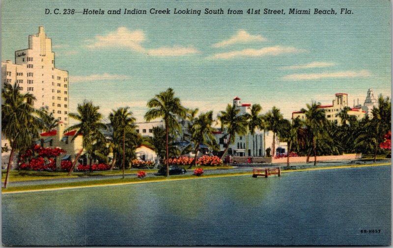 Vtg 1940s Hotels Along Indian Creek Miami Beach Florida FL Linen Postcard