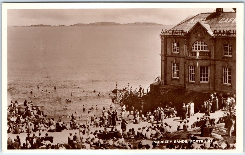 c1930s Portrush, UK RPPC Arcadia Beach Nursery Sand Ocean Swimming Crowd A79