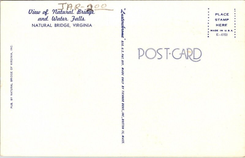 View Natural Bridge Water Falls Virginia VA Postcard VTG UNP Tichnor Vintage 