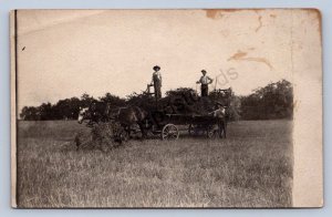 K12/ Interesting RPPC Postcard c1910 Horse-Drwn Wagon Farming Hay 276